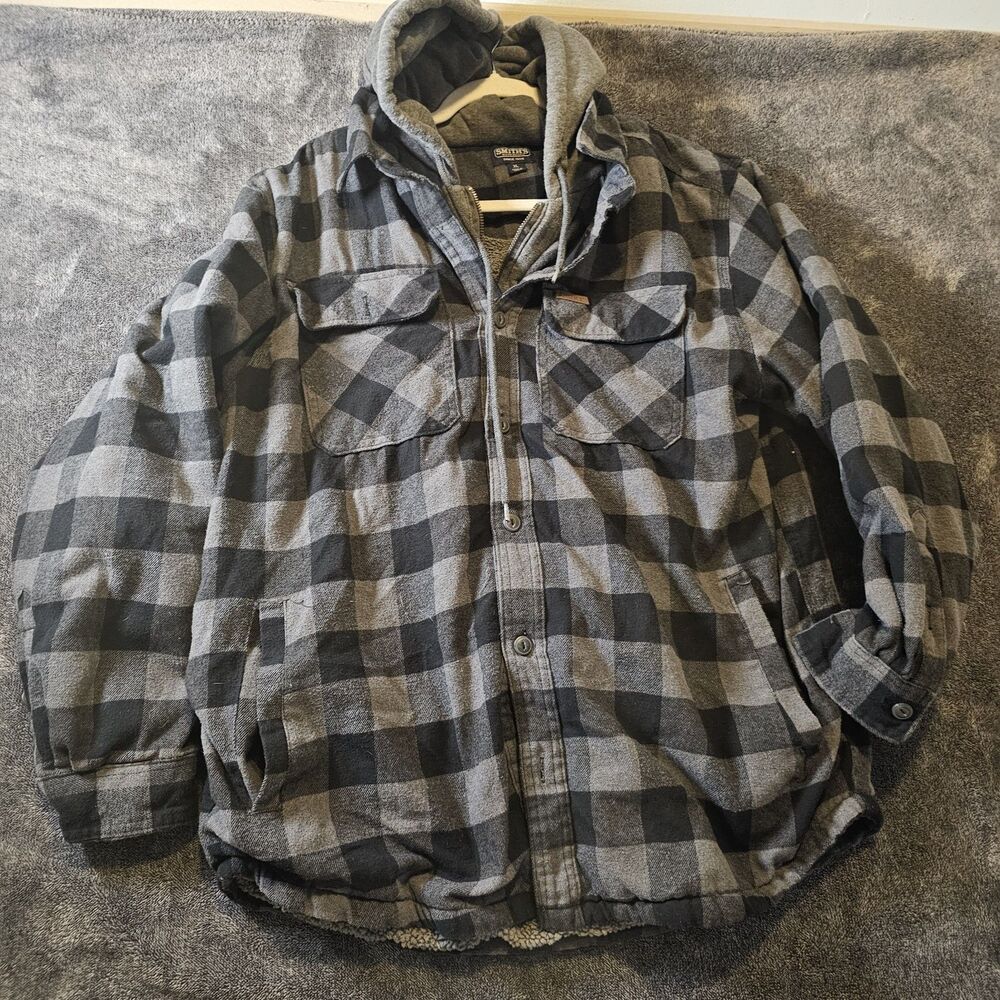 Smith's Workwear Sherpa Lined Hooded Flannel Jacket Gray Black Plaid Men's XL